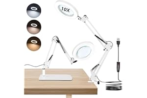 Towwoo 10X Lámpara de Aumento, 2 en 1 Lupa con Luz y Soporte, 3 Colores 10 Niveles de Brillo, Lámpara de Mesa con Lupa con 72 LED para Lectura, Reparación, Trabajo Manual