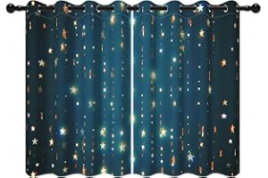 YONGFOTO 117x183cm Étoiles Rideaux Occultants Or Star Twinkle Bleu Foncé Chambre d'enfant Rideau de Fenêtre pour Décoration de Chambre 2 Panneaux avec œillet