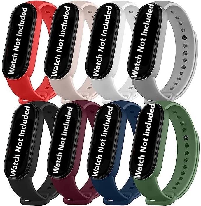 Techmount Soft Silicone Replacement Combo Band Strap Compatible with Xiaomi Mi Band 5 / Mi Band 6 (Pack of 8, Black-Grey-Navy Blue- Wine-Light Green- Baby Pink-White- RED)