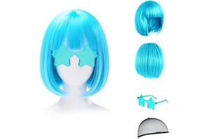 FIDWALL Parrucca per donne - Parrucca bob colorata con occhiali da festa, Parrucche per cosplay e feste, Parrucche divertenti per donne (Copricapelli incluso） (Azzurro)