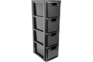 ALEEZ - 4 Drawer Storage Unit - Rattan Effect Plastic Tower Unit - Home Office Desktop Organizer - Cosmetic, stationery, Craft Table Top Drawer - Multipurpose Storage Solution (Black, 4 Drawer)