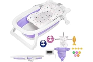 Sinbide Faltbare Babywanne mit Stütze, Baby Badewanne, Neugeborene Baby-Plastikbadewanne mit Faltbaren Anti-Rutsch-Beinen, Temperatursensor Badewanne für das Baden von Kleinkindern (violett)