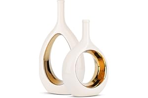 LCCCK Set di 2 Vasi Moderni Decorativi in Ceramica Bianco e Oro, Vaso Dorato con Design Aperto Centrale, Centrotavola Elegante per Soggiorno, Sala da Pranzo, Camera da Letto e Ingresso - Altezza 30.5 cm