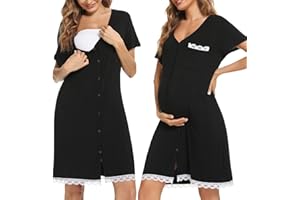Uniexcosm Maternity Nursing Nightdress, Women's Short Sleeve Nightwear Soft Button Down Nightgown Stripe Sleepwear Maternity Pyjamas Nightshirt