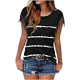 Maglietta da donna a maniche corte con frange, casual, camicetta da donna, estiva, casual, a righe, con scollo rotondo