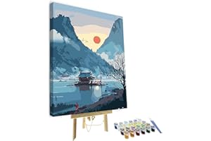 TISHIRON Landscape Paint by Numbers, Japanese Style Art Paint by Numbers for Adults Beginner, Lake Frameless DIY Oil Painting Kit for Adults with Brushes and Acrylic Pigment for Wall Decor 16"x20" With Frame