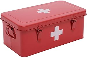 ZOEQIDE Caja para Medicamentos/Organizador de Medicamentos con 4 Compartimentos, Caja de Primeros Auxilios Portátil en Metal (Rojo) - Incluye Seguridad - Ideal para Casa, Oficina o Auto,Compacto 33x18x13 cm