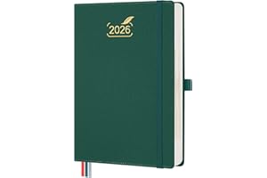 BEZEND Agenda 2026 Día por Página A5 (15,5 x 21 cm), Agenda Diaria de Ene a Dic 2026, Día Vista con Dos Columnas, Portabolígrafo, Tapa Dura en Cuero PU - Verde Navideño