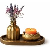 Mireva Lotus Tealight Mumluk ve Mini Vazo Seti &ndash; Dekoratif Tepsi &Uuml;zerinde Altın Renk Mumluk Seti, Masa & Sehpa Ev Dekoru, Med