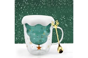 ADERTOS Tazza Natalizia a Doppio Strato Mug Natalizie a Vetro da 300ml Tazze Caffe Natalizie Tazze da Latte Natalizie con Coperchio a Fiocco Nevee e Cucchiaio Tazza da Tè a Forma di albero di Natale