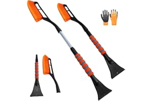 JINGTOPS Grattoir Pare Brise Voiture Telescopique,2 en 1 Raclette Vitre Voiture Gratte Glace et Brosse à Neige avec Gant,Balai Neige Voiture,Dégivreur Pare Brise 78-93 cm (Orange)