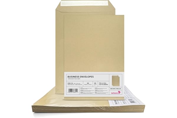 Netuno 50 enveloppes d'expédition marron C4 229 x 324 mm 90g grandes enveloppes sans fenêtre enveloppes d'expédition grandes pour lettre A4 pochette d'expédition marron enveloppes d'expédition brunes