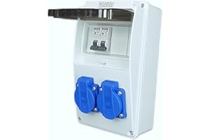 RoadEu - Distribuidor de corriente 230V con 2 enchufes Schuko y 2 interruptores C16A. Cableado, Caja cuadro electrico para interiores y exteriores. Ideal para talleres, cobertizos y jardines.