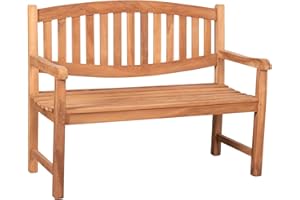 MR. DEKO® Ławka ogrodowa Bradford z drewna tekowego, drewniana ławka z oparciem, do użytku na zewnątrz, 2-osobowa 120 x 57 x 94 cm, ławka do siedzenia z litego drewna tekowego, odporna na warunki