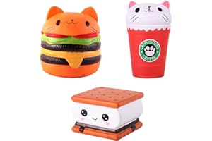 ANBOOR Juego de 3 estrujables de comida, diseño de gato Kawaii para hamburguesas, taza de café para gatos, galletas para niños