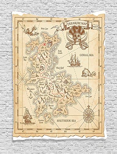 Ocean Island Decor Tapestry, Old Ancient Antique Treasure Map With Details Retro Color Adventure Sailing Pirate Print, Bedroom Living Room Dorm Decor, 40 W x 60 L Inches, Cream