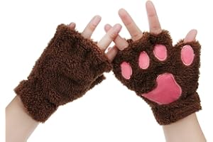 FAKEFACE Mitaine Patte de Chat Hiver pour Femme et Fille - Gants Peluche Moufle Demi-Doigt Mignon - Polaire Chaud en Motif de Cartoon