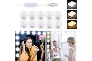 Akynite Lampe de Miroir LED Style Hollywood 10 Ampoules, Câbles parfaitement Cachés, 3 Couleurs et 10 Intensités, Lumière Miroir USB pour Coiffeuse Maquillage, Boule LED Coiffeuse Adhesif pour Makeup