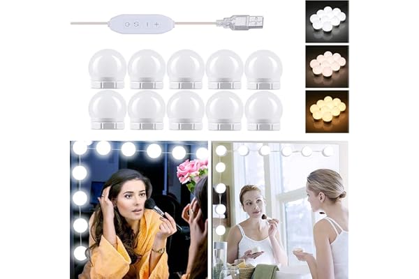 Akynite Lampe de Miroir LED Style Hollywood 10 Ampoules, Câbles parfaitement Cachés, 3 Couleurs et 10 Intensités, Lumière Miroir USB pour Coiffeuse Maquillage, Boule LED Coiffeuse Adhesif pour Makeup