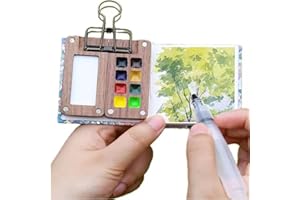 XHDIGI Reisefarben-Set mit 8 Grids Mini-Holzpalettenbox, 6 cm x 6 cm Mini-Aquarell-Skizzenbuch und einem Messingclip für Aquarellmalerei, Acrylmalerei