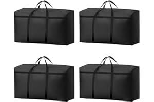 KOMABLEN 4 Piezas 180L Bolsas Almacenaje Ropa, 600D Oxford Impermeable Cajas para Guardar Ropa con Cremallera y Asa, Negro Plegable Bolsas Mudanza Grandes para Edredones, Mantas