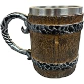Stainless Steel Barrel Design Mug Cup, 11cm Height, Wooden Look, Metal Handle
