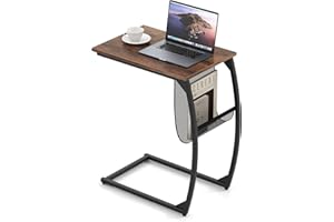 COSTWAY drewniany stolik pomocniczy, metalowy, z kieszenią boczną, stolik pod laptopa, w kształcie litery C, stolik kawowy, wzornictwo przemysłowe, 52 x 35 x 63 cm