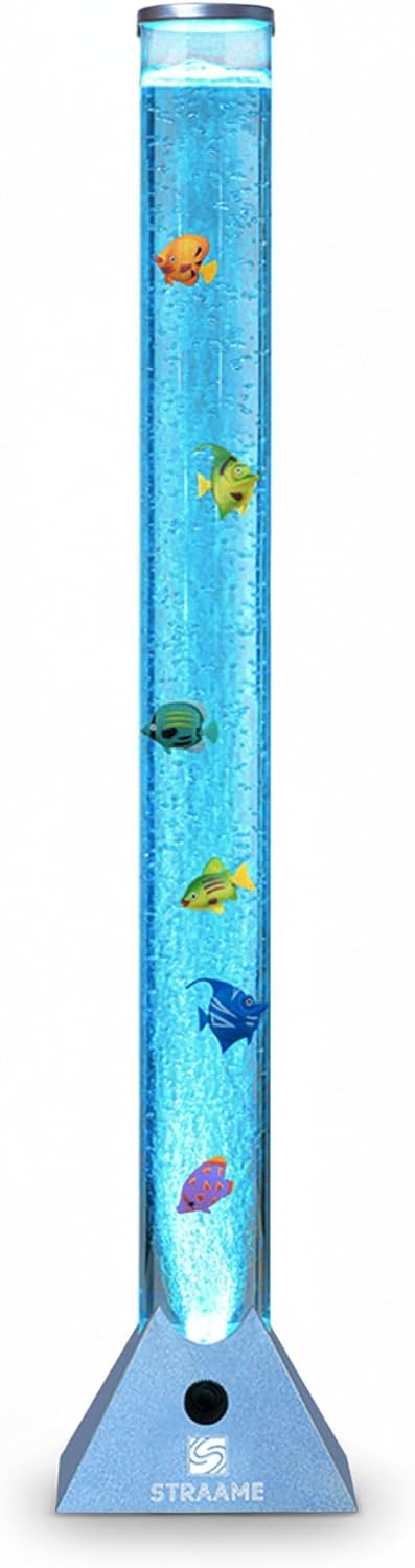 Straame 90cm Bubble Fish Lamp, Colour Changing LED Light, Sensory Room Decor & Mood Lamp, Includes Artificial Tropical Fish, Adjustable Bubble Tube, Plug-in Power, Blue Base