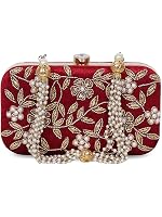 FRINGES Women's Velvet Zari Zirkon Box Clutch Purse (Maroon)
