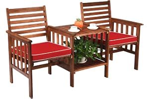 COSTWAY Trädgårdsbänk med bord, 2-sitsig träbänk med sittdyna och paraplyhål, sittbänk av akaciaträ kan belastas upp till 350 kg, terrassbänk för balkong, trädgård, terrass, 165 x 65 x 88 cm