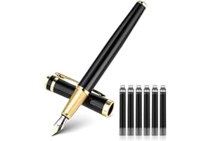 TIESOME Ensemble de stylo-plume de luxe en métal à pointe fine de 0,5 mm avec 6 cartouches d'encre noire de 2,6 mm, stylo d'écriture lisse, cadeau pour le travail, le journal, homme et femme