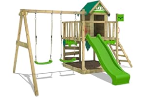 FATMOOSE Parque Infantil JazzyJungle Jam XXL con Columpio y Tobogán Verde Manzana, Torre de Escalada para Niños al Aire Libre con Escalera para Arenero y Accesorios de Juego para el Jardín