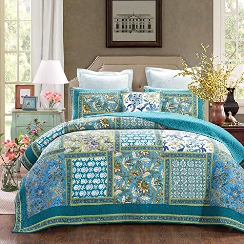 DaDa Bedding Fountain Patchwork Quilted Bedspread Set, Blue, California King
