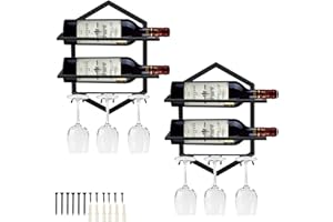 Giyiprpi Metall Wandmontierter Weinhalter Rack, Weinglashalter Hängend Stehen Organizer für 2 Flaschen und 3 Gläser inklusive, Weinregal Rotweinregal für Home Kitchen Bar Displaydekor (Schwarz 2)