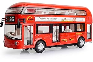 KWARE Pull Back 7" London Double Decker Bus Routemaster City Tourist Diecast with Lights, Sounds and Openable Doors, 1/50 Scale Bus Toy