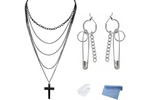 XHBTS Multilayer Gothic Retro 80er Jahre Schwarz Langkettige Kreuz Halskette und Edelstahl Coole Punk Pin Ohrringe für Männer Frauen Teen mit Mini Stoff und Mini Box