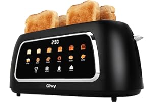 Grille-pain Olvy T-40T à fentes longues – 1500 W, écran tactile LCD avec minuterie, 6 niveaux de brunissage, fonctions décongélation et réchauffage, tiroir à miettes, 4 tranches