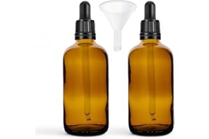 AVALON COSMETIC PACKAGING AVALON 100ml Amber Glass Dropper Bottles with 18mm Neck - 2-Pack, Black Tamper-Evident Collar & Bonus Funnel - Essential Oil, Serum & Liquid Storage