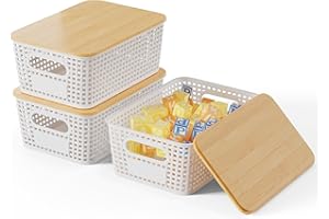 Shrivee 3PCS 5L Cajas Almacenaje con Bambú Tapa Apilables Cesta de Almacenamiento para Baño Armarios Cocina Storage Ropa Zapatos Juguetes (Blanco)