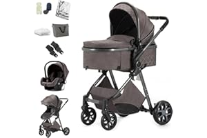 BEBBY Kombikinderwagen 3 in 1 Reisesysteme Standardkinderwagen Kinderwagen Buggy Neugeborener Tragbarer Reisewagen Faltbarer Aluminium Kinderwagen High Landscape Kinderwagen (Chocolategrey-6)