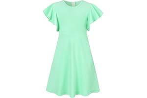 SFreeBo Girls Dress Plain Flutter Sleeve Skater Dress Party Sundress with 2 Side Pockets Casual Summer Dresses 5-12T