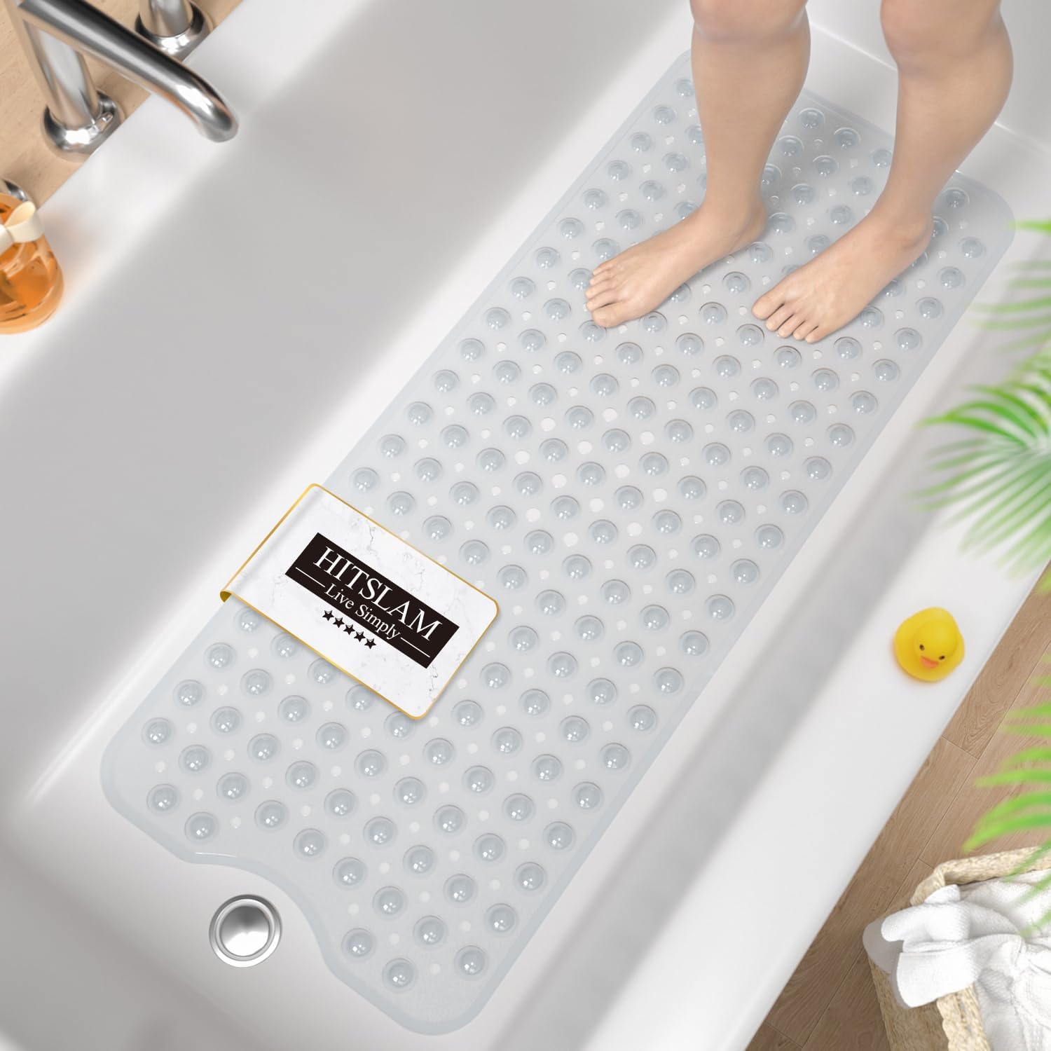 HITSLAM Non Slip Bath Mat for Tub, 101 x 40cm Extra Long Shower Mat Anti Mould, Machine Washable Bathroom Bathtub Mat with Suction Cups and Drain Holes, Soft on Feet, Clear