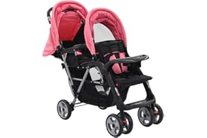 Susany Geschwisterwagen mit 2 klappbare Verdecke Kinderwagen Babywagen Buggy Zwillingswagen Zwillingsbuggy Kleinkinder-Wagen Rosa und Schwarz Stahl