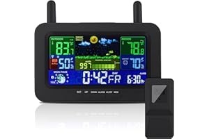 AOZBZ Stazione Meteo con Sensore Esterno, Display a Colori, Orologio Radiofonico DCF, Previsioni del Tempo, Barometro, Fasi Lunari, Termometro Interno ed Esterno, Igrometro (Nero)