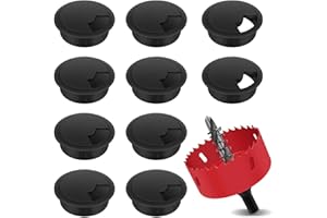 Yeepeo 10 Stück Kabeldurchführung Schreibtisch, 60mm Kabeldurchlass mit 1 Stück Lochsäge, Kunststoff Tisch Kabeldurchführung Kabeldurchlass Kabel Durchführungen für Tisch Office Schreibtische, Schwarz
