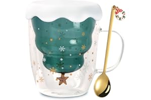 Jinlaili Tasses Mignonnes de Noël, Verres à Café Tasse de Café Double Paroi Coupe en Verre avec couvercle, Sapin Noël Tasses en Verre Tasse à Expresso, Tasse Verre Noel Cadeau de Noël