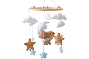 BITOYO Mobile Babybett, Mobile Baby Windspiele mit 3D Bär Mond Wolken Sterne Glocke, Kinderzimmer Hängende Bettglocke, Handgefertigt Bambus Filz Mobile Baby, Neugeborene Geschenk Junge Mädchen Baby (Blau)