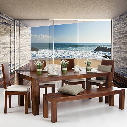 Vlies Fototapete PREMIUM PLUS Wand Foto Tapete Wand Bild Vliestapete – Terrasse Balkon Fenster Steinwand Strand Wellen Meer Himmel Wolken – no. 2429, Größe: 416 x 254cm Vlies - 9