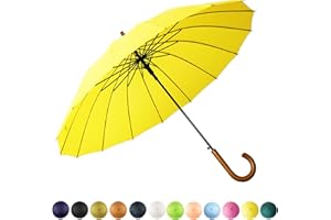 SoulRain 16 Rippen 121,9 cm Stockschirm, automatisches Öffnen, einfarbig, modisch und einfach, bogenförmiger klassischer Holzgriff, winddicht, unzerbrechlich, Regenschirm (Gelb)