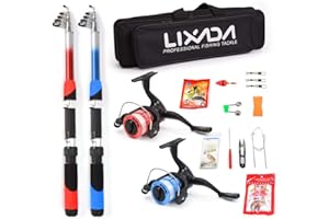 Tickas Canna da Pesca Mulinello Combo Kit Completo con 2 Pezzi Canne da Pesca telescopiche 2,1 m 2 Pezzi Mulinelli da Spinning Esche da Pesca Ganci Accessori Borsa d,Combo Canna da Pesca e Mulinello